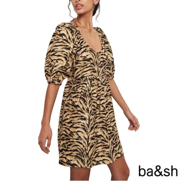 NWT BA&SH Zola Puff-sleeve Linen-blend Tiger Print Mini Dress Size L - Picture 1 of 15